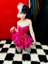 a woman in a pink dress posing in front of a checkered floor